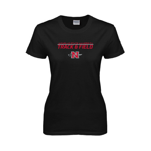  Womens Black Short Sleeve Tee - Track & Field Stacked
