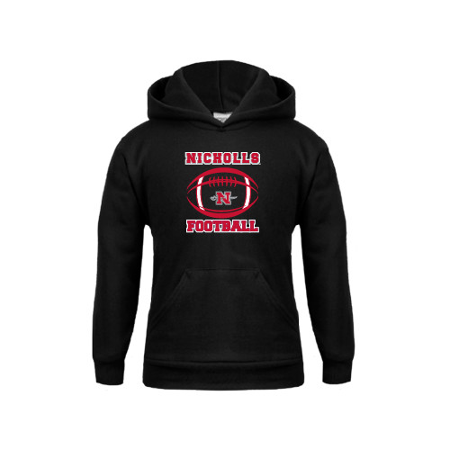  Youth Black Fleece Hoodie - Nicholls Football Stacked w/ Ball