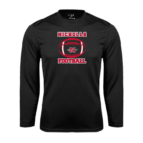  Black Performance Long Sleeve Shirt - Nicholls Football Stacked w/ Ball