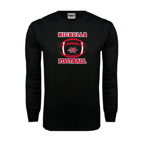  Black Long Sleeve T Shirt - Nicholls Football Stacked w/ Ball