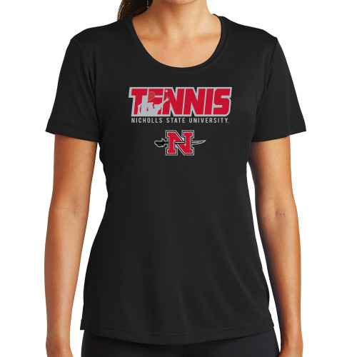  Womens Black Performance Tee - Tennis w/ Player