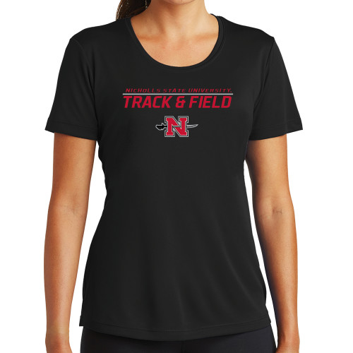  Womens Black Performance Tee - Track & Field Stacked