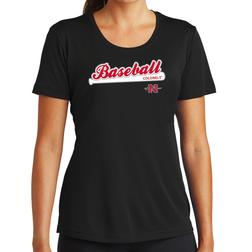  Womens Black Performance Tee - Baseball Script