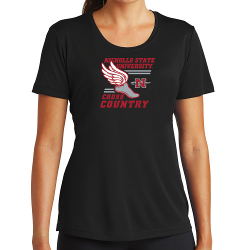  Womens Black Performance Tee - Cross Country Winged Shoe