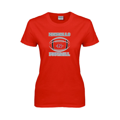  Womens Short Sleeve Red Tee - Nicholls Football Stacked w/ Ball