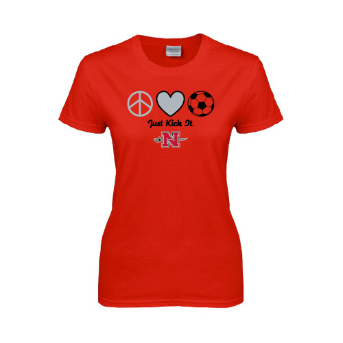  Womens Short Sleeve Red Tee - Soccer Just Kick It