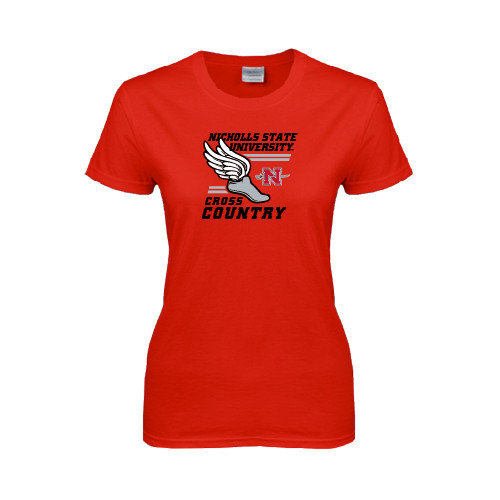  Womens Short Sleeve Red Tee - Cross Country Winged Shoe
