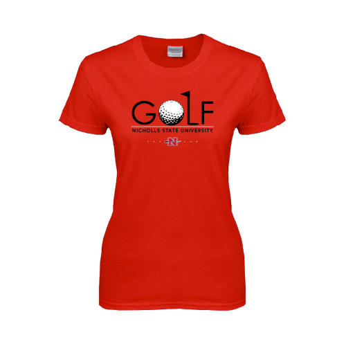  Womens Short Sleeve Red Tee - Golf w/ Ball and Flag