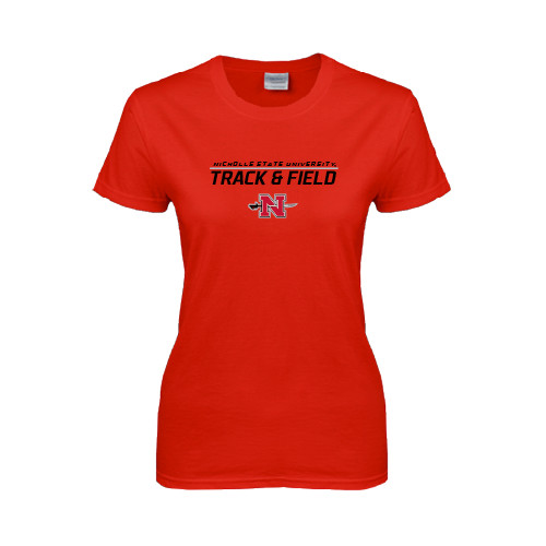  Womens Short Sleeve Red Tee - Track & Field Stacked