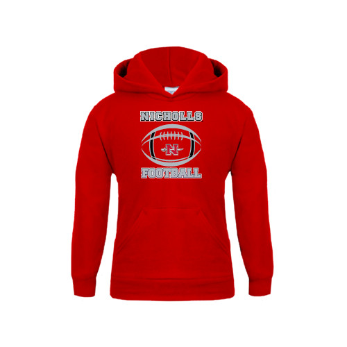  Youth Red Fleece Hoodie - Nicholls Football Stacked w/ Ball