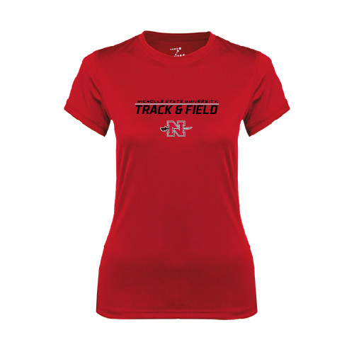  Womens Red Performance Tee - Track & Field Stacked