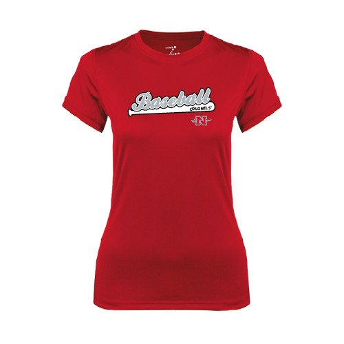  Womens Red Performance Tee - Baseball Script