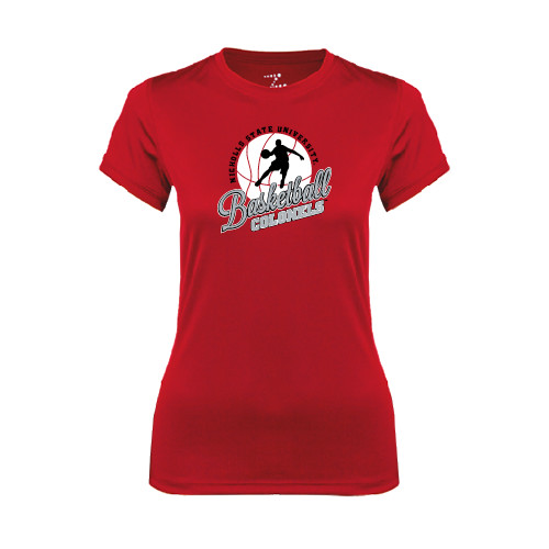  Womens Red Performance Tee - Basketball w/ Ball and Figure