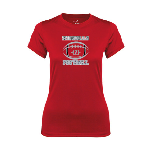  Womens Red Performance Tee - Nicholls Football Stacked w/ Ball