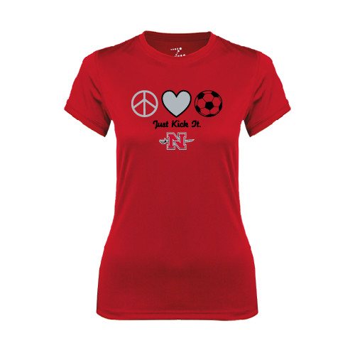  Womens Red Performance Tee - Soccer Just Kick It