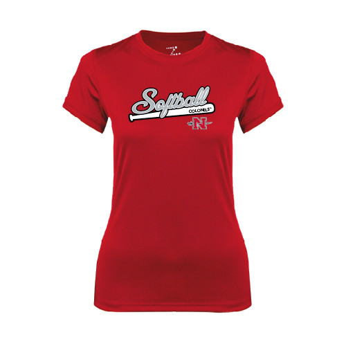  Womens Red Performance Tee - Softball Script