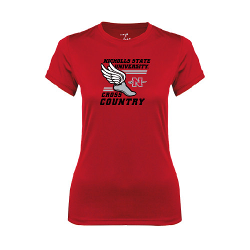  Womens Red Performance Tee - Cross Country Winged Shoe