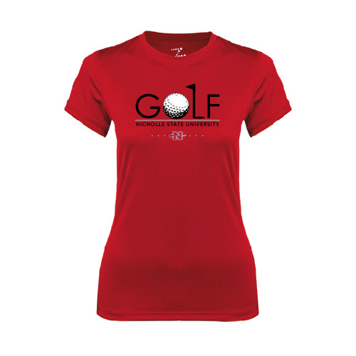 Womens Red Performance Tee - Golf w/ Ball and Flag