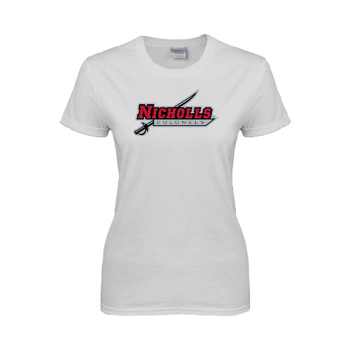  Womens White Short Sleeve Tee - Nicholls Colonels-Sword
