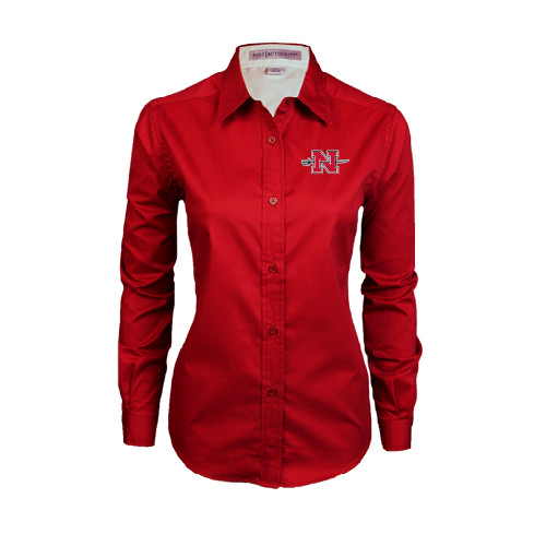  Womens Red Twill Button Down Long Sleeve  - Official Logo