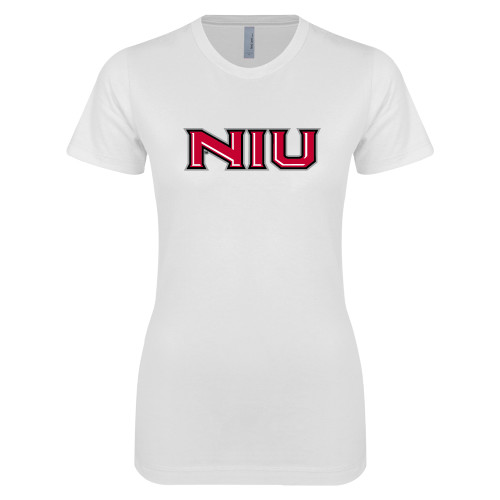  Next Level Womens White Boyfriend Tee - NIU - Primary Wordmark