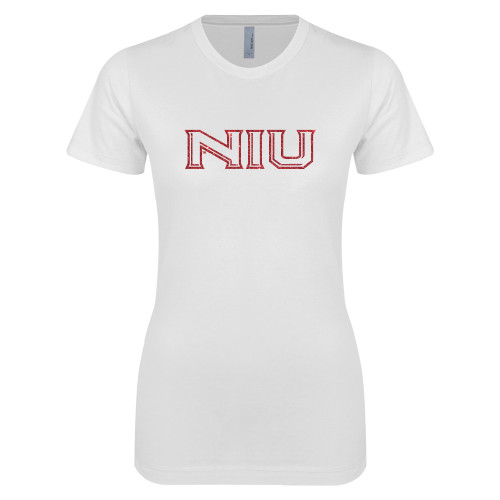  Next Level Womens White Boyfriend Tee - N Red Glitter