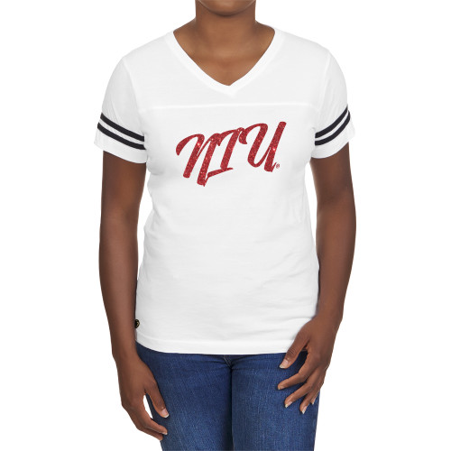  Fall Rush Ladies White 60/40 Football Tee - N Red Glitter