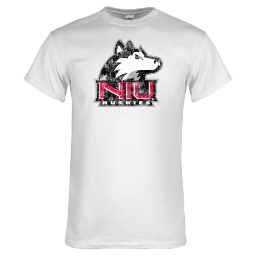  White T Shirt - NIU Huskies - Primary Mark Distressed