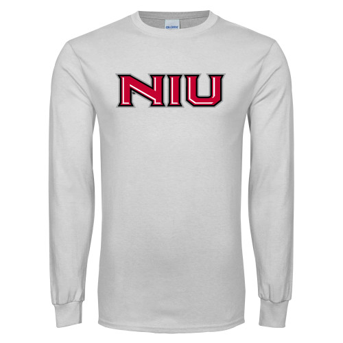  White Long Sleeve T Shirt - NIU - Primary Wordmark