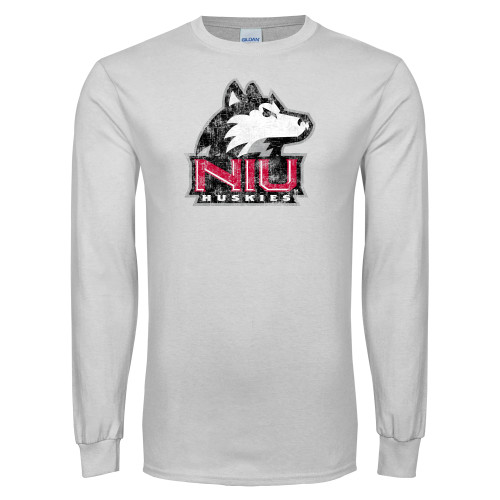  White Long Sleeve T Shirt - NIU Huskies - Primary Mark Distressed