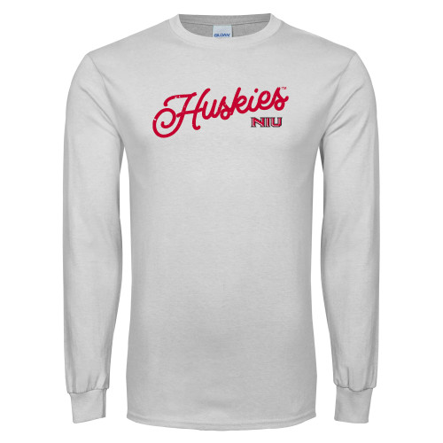  White Long Sleeve T Shirt - Script Huskies