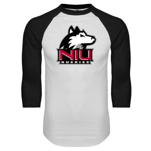  White/Black Raglan Baseball T Shirt - NIU Huskies - Primary Mark