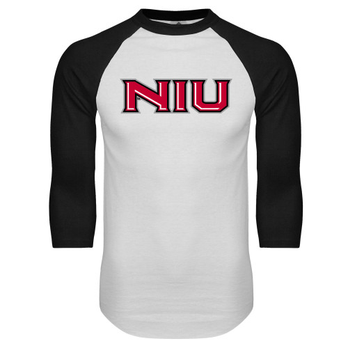  White/Black Raglan Baseball T Shirt - NIU - Primary Wordmark