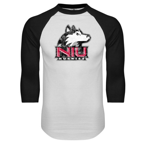  White/Black Raglan Baseball T Shirt - NIU Huskies - Primary Mark Distressed