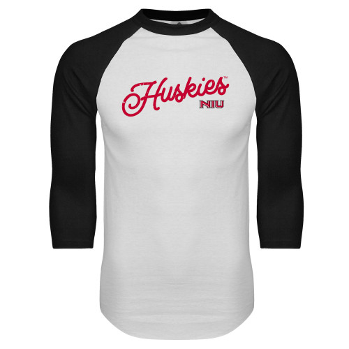  White/Black Raglan Baseball T Shirt - Script Huskies