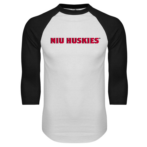  White/Black Raglan Baseball T Shirt - NIU Huskies - Block Wordmark