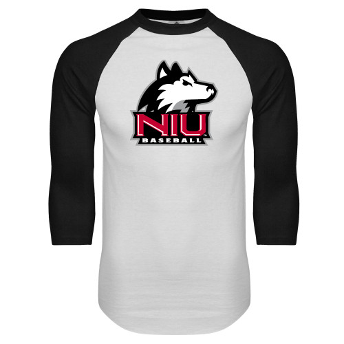  White/Black Raglan Baseball T Shirt - NIU Huskie - Baseball