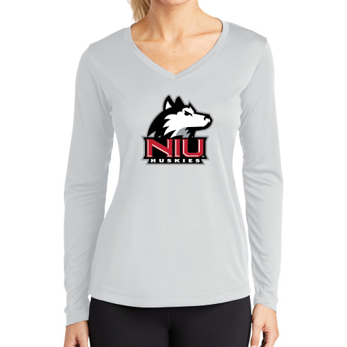  Womens White Performance Long Sleeve V Neck Shirt - NIU Huskies - Primary Mark