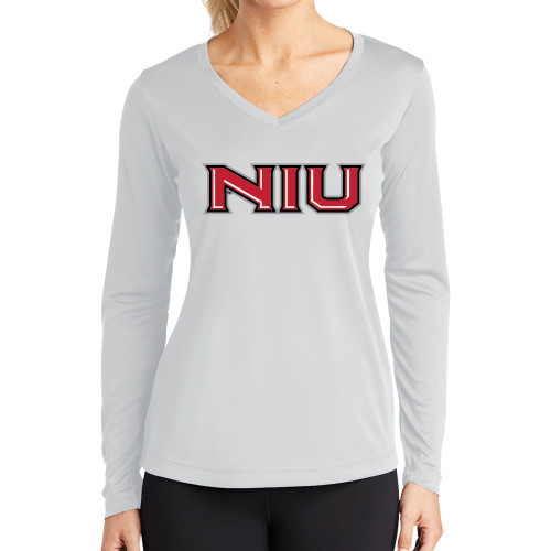  Womens White Performance Long Sleeve V Neck Shirt - NIU - Primary Wordmark