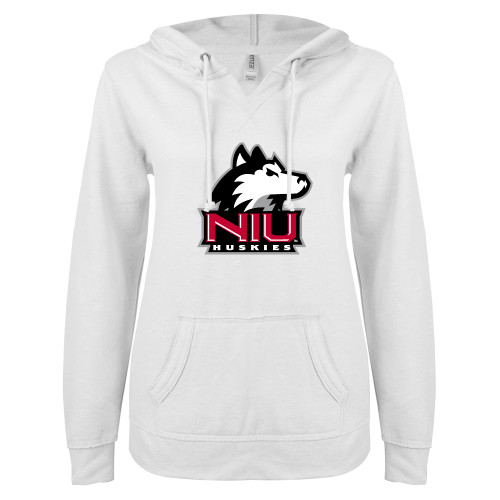  ENZA Womens White V Notch Raw Edge Fleece Hoodie - NIU Huskies - Primary Mark