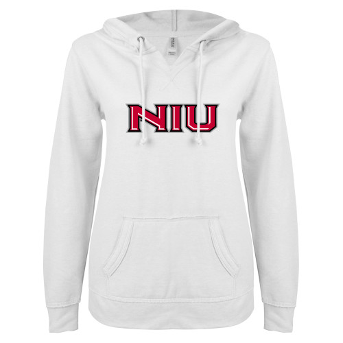  ENZA Womens White V Notch Raw Edge Fleece Hoodie - NIU - Primary Wordmark