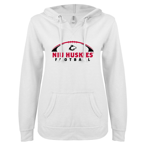  ENZA Womens White V Notch Raw Edge Fleece Hoodie - NIU Huskies Football Arched