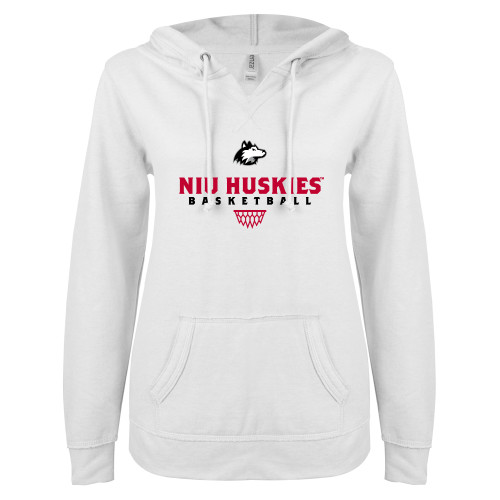  ENZA Womens White V Notch Raw Edge Fleece Hoodie - NIU Huskies Basketball Sharp Net