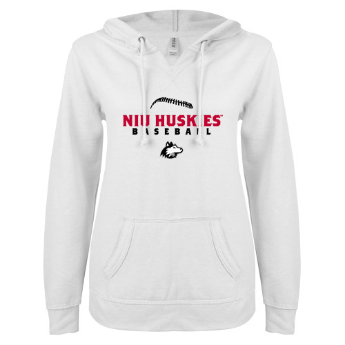  ENZA Womens White V Notch Raw Edge Fleece Hoodie - NIU Huskies Baseball Seams