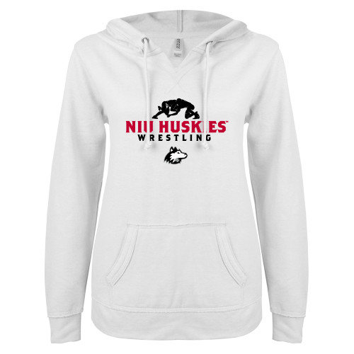  ENZA Womens White V Notch Raw Edge Fleece Hoodie - NIU Huskies Wrestlers