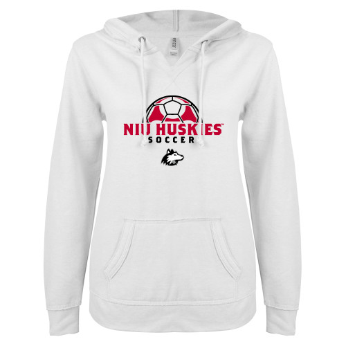  ENZA Womens White V Notch Raw Edge Fleece Hoodie - NIU Huskies Soccer Ball