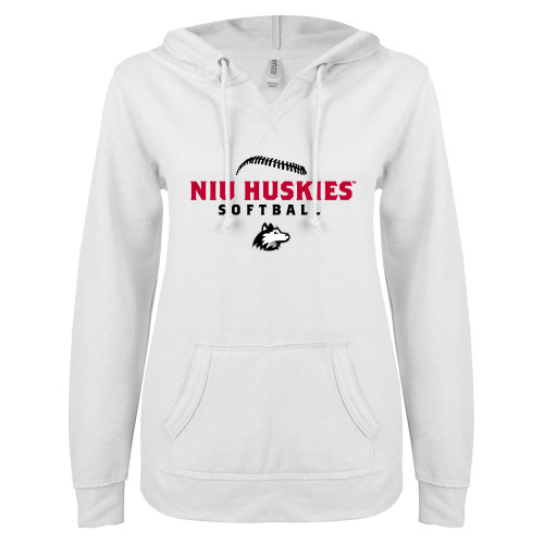  ENZA Womens White V Notch Raw Edge Fleece Hoodie - NIU Huskies Softball Seams