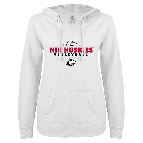  ENZA Womens White V Notch Raw Edge Fleece Hoodie - NIU Huskies Abstract Volleyball