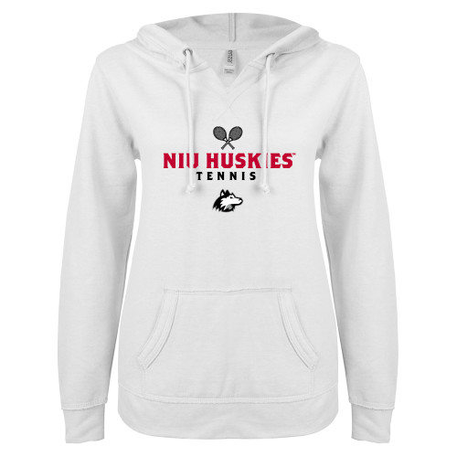  ENZA Womens White V Notch Raw Edge Fleece Hoodie - NIU Huskies Crossed Tennis Rackets