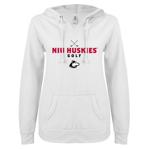  ENZA Womens White V Notch Raw Edge Fleece Hoodie - NIU Huskies Crossed Golf Clubs